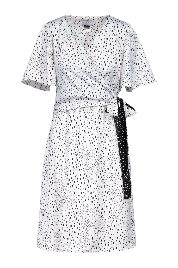 Robe cache-coeur imprimé Romana blanche (devant), légère, robe de jour, chic - Marigold Montréal.