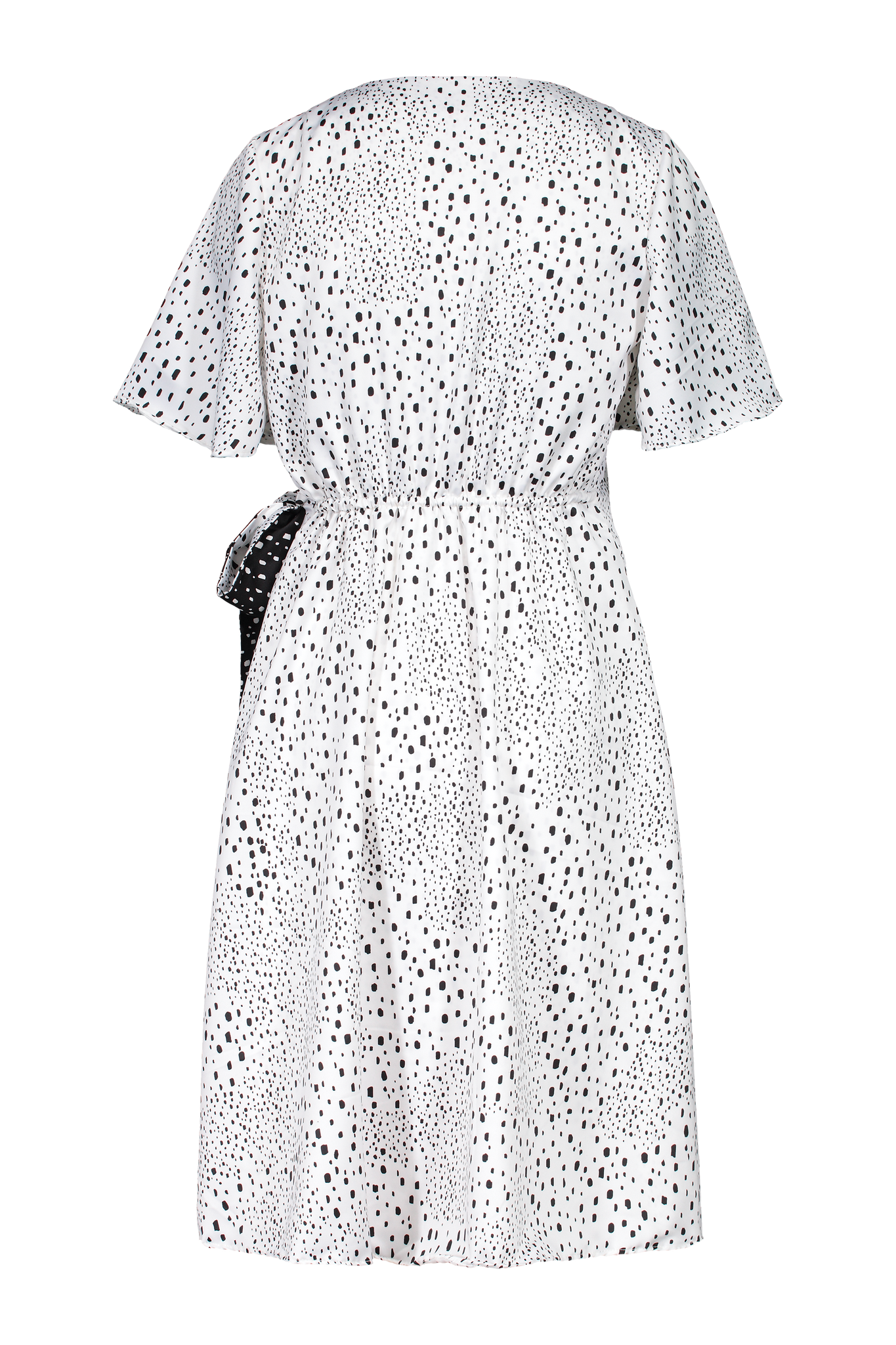 Robe cache-coeur imprimé Romana blanche (dos), légère, robe de jour, chic - Marigold Montréal.