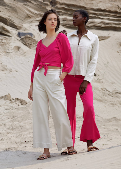 femmes pantalon taille haute évasé large court poches couleur crème denim coton oekotex fait au Québec